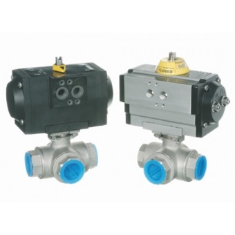 Шаровый кран, 3-ходовой, L-/T-порт, нерж. сталь, Dn8-65, Pn63 BSP/NPT c пневмоприводом